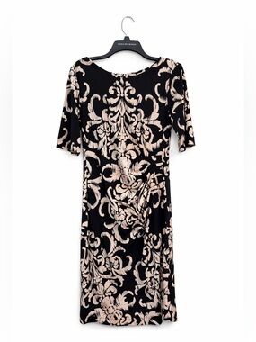 Connected Apparel Damask Sheath Dress Women’s Size 10 Black Cream Ruched